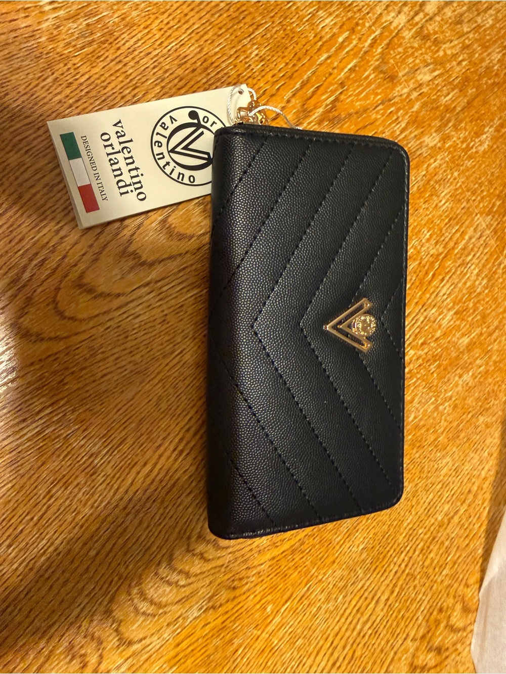 Valentino Orlandi Black Quilted Zip Card Holder with Gold Logo